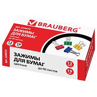 Зажимы для бумаг BRAUBERG, КОМПЛЕКТ 12 шт., 19 мм, на 60 листов, цветные, картонная коробка, 224470 | код 224470 | BRAUBERG
