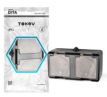 Розетка 2-м ОП Dita 16А IP54 250В с заземл. с прозр. крышкой карбон | код TKL-DT-R2Z-C14T-IP54 | TOKOV ELECTRIC