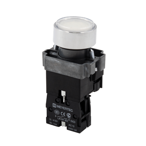 Кнопка плоская белая с подсветкой, 220V AC/DC, 1NO, IP67, металл MTB2-BWF3161 | код 132651 | MEYERTEC Кнопка плоская белая с подсветкой, 220V AC/DC, 1NO, IP67, металл MTB2-BWF3161 | код 132651 | MEYERTEC