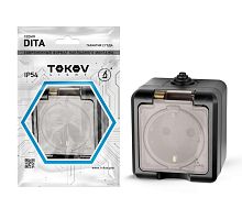 Розетка 1-м ОП Dita 16А IP54 250В с заземл. с прозр. крышкой карбон | код TKL-DT-R1Z-C14T-IP54 | TOKOV ELECTRIC