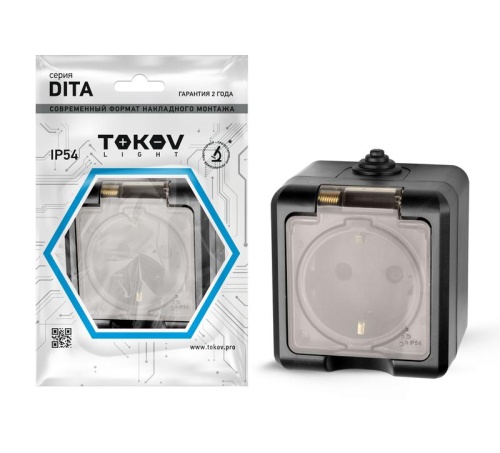 Розетка 1-м ОП Dita 16А IP54 250В с заземл. с прозр. крышкой карбон | код TKL-DT-R1Z-C14T-IP54 | TOKOV ELECTRIC