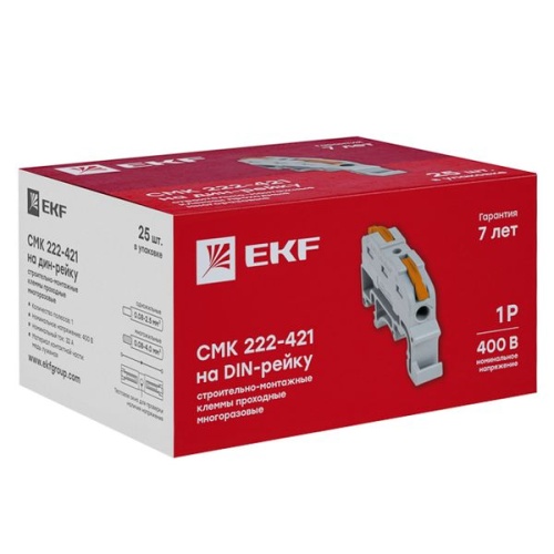 Строительно-монтажная клемма СМК 222-421 на DIN-рейку проходная 1 полюс 0,08-4мм2 (25шт,) PROxima | код plc-smk-421-din | EKF фото 3