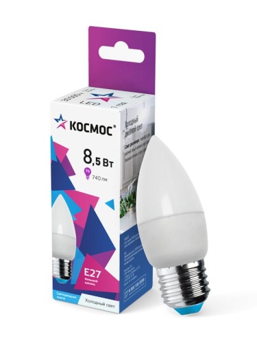 Лампа светодиодная 8.5Вт свеча 6500К холод. бел. E27 220В | код. LkecLED8.5wCNE2765 | КОСМОС