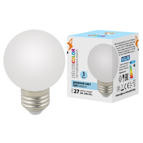 Лампа декоративная светодиодная LED-G60-3Вт 6000К E27 FR С . Форма шар, матовая. Дневной свет (6000K). Картон. ТМ Volpe. | код UL-00006956 | VOLPE